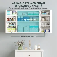 HOMCOM Armadietto Medicinali con 3 Mensole Interne e 8 Portabottiglie, in Legno e Metallo, 53x20x53 cm, Bianco(m-4)