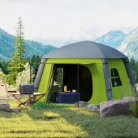 Outsunny Inflatable Camping Tent w/ Hand Pump, Easy Setup 1/2 Person Blow Up Tent Waterproof 190T Taffeta w/ Mesh Windows, Doors and Carry Bag, Green(m-10)