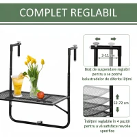 Outsunny Masa de Balustrada Pliabila din Metal, 60x60x57-72cm, Negru(m-4)
