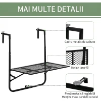 Outsunny Masa de Balustrada Pliabila din Metal, 60x60x57-72cm, Negru(m-6)