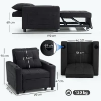 HOMCOM 3-in-1 Single Sofa Bed, Convertible Sleeper Chair Bed - Black(m-3)