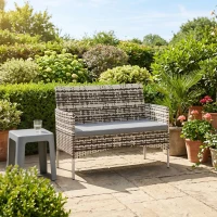 Outsunny 2-zits Rattan Tuinbank PE-Rattan Outdoor Terrasbank met Kussen, Anti-slip Matten, Stalen Frame, Lichtgrijs(m-2)