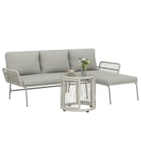 Outsunny Polyrattan tuinmeubelset 3-delig, loungeset met chaise longue tweezitsbank glazen tafel afneembare kussens(m-11)