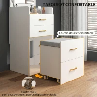 HOMCOM Coiffeuse avec miroir et tabouret 3 en 1, 3 tiroirs et plateau en verre visible, coussin rembourré, 48 x 40 x 90 cm, blanc(m-5)
