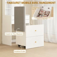 HOMCOM Coiffeuse avec miroir et tabouret de rangement mobile, table de maquillage, tiroirs, placard et étagères ouvertes, blanc(m-6)