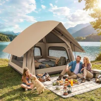 Outsunny Instant Pop-Up Tent met Regenschutz, Waterdicht Koepeltent voor 2-3 Personen met Grondzeil, 4 Ramen, 235x235x184cm, Khaki(m-2)