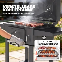 Outsunny Houtskoolbarbecue BBQ Smoker met deksel, thermometer, in hoogte verstelbare kolenbak, grillrooster, zijtafel, aslade(m-5)