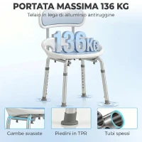 HOMCOM Sedia da Doccia con Schienale e Sedile Forato, 8 Altezza Regolabile, Antiscivolo, Portata 136kg, Azzurro(m-6)