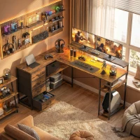 HOMCOM Gaming Tisch L-förmig Schreibtisch mit Stromanschluss LED-Beleuchtung 4 Schubladen Monitorständer 155x110x91,4 cm Braun(m-10)