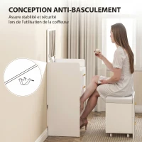 HOMCOM Coiffeuse avec miroir et tabouret 3 en 1, 3 tiroirs et plateau en verre visible, coussin rembourré, 48 x 40 x 90 cm, blanc(m-7)