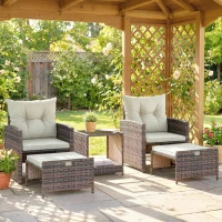 Outsunny Rattan Tuinmeubelset 5-delig Balkonmeubelset met 2 Stoelen, Kussens, Voetenbankjes, Tafel, Opbergruimte Crème(m-2)