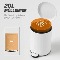 HOMCOM Prullenbak 20L, met Pedal, Binnenemmer, vingerafdrukvrij, Stil Sluiten, Crèmewit(m-4)
