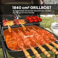 Outsunny Houtskoolbarbecue van staal, grillwagen met afsluitbare deksel, grillrooster, wielen, handgreep en houten plank, 98 x 54 x 91 cm, zwart(m-4)