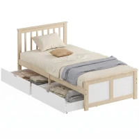 HOMCOM Pine Storage Bed, 3ft Single Solid Wooden Bed Frame with Drawers, Headboard, Wood Slat Support, Natural Wood Finish(m-11)