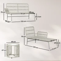 Outsunny Polyrattan tuinmeubelset 3-delig, loungeset met chaise longue tweezitsbank glazen tafel afneembare kussens(m-3)