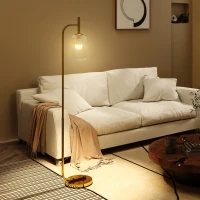 HOMCOM LED Floor Lamp for Living Room with Glass Lampshade, Modern Standing Lamp with Foot Switch, Adjustable Brightness, 2700K for Bedroom, Gold Tone(m-10)