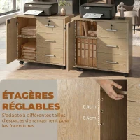 HOMCOM Caisson bureau meuble de rangement verrouillable avec 3 tiroirs et étagère réglable, roulettes, 40 x 60 x 56 cm, marron clair(m-6)