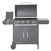 Outsunny 4+1 Burner Gas BBQ Grill, Outdoor Barbecue Trolley with Wheels, Warming Rack, Side Shelves, Cabinet, Thermometer for Garden, Party, Camping, 125L x 51W x 100Hcm, Grey(m-13)