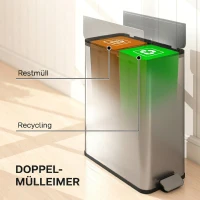 HOMCOM Dubbele keukenafvalbak 2 x 28L roestvrijstalen pedaalemmer met soft-close deksel, uitneembare binnenemmers(m-4)
