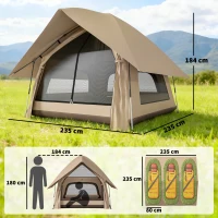 Outsunny Instant Pop-Up Tent met Regenschutz, Waterdicht Koepeltent voor 2-3 Personen met Grondzeil, 4 Ramen, 235x235x184cm, Khaki(m-3)