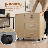 HOMCOM Caisson bureau meuble de rangement verrouillable avec 3 tiroirs et étagère réglable, roulettes, 40 x 60 x 56 cm, marron clair(m-7)
