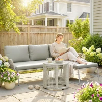 Outsunny Polyrattan tuinmeubelset 3-delig, loungeset met chaise longue tweezitsbank glazen tafel afneembare kussens(m-2)