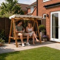 Outsunny 3 Seater Garden Swing Seat with Canopy, Wooden Swing Chair, Outdoor Hammock Bench for Balcony Patio Porch, Cream White(m-2)