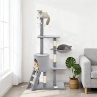 PawHut Torre per Gatti con Casetta, Trespolo, Piattaforme e 4 Topolini, in Legno, Peluche e Sisal, 60x35x134 cm, Grigio(m-10)