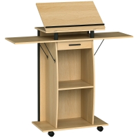 HOMCOM Mobiele lessenaar met inklapbare zijbladen, laptoptafel met lade en schappen, eikenlook