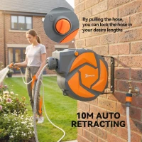 DURHAND 10m Garden Hose Reel Wall Mounted Auto Rewind with 7 Patterns Spray Nozzle, Includes Wall Fixings, Orange(m-5)