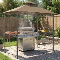 Outsunny Abri barbecue extérieur, tonnelle de jardin 245x146x255cm en métal, double toit, 2 étagères latérales, marron(m-2)