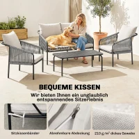 Outsunny Tuinmeubelset 4-delig polyrattan loungeset met tweezitsbank, 2 fauteuils, salontafel, afneembare kussens met banden(m-5)