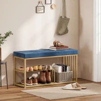 HOMCOM Bench and Shoe Storage, Tufted Shoe Storage Bench with Velvet Seat Cushion Gold Steel Frame for Entryway, Dark Blue(m-10)