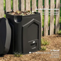 Outsunny 240L Tuincompostbak, Driehoekige compostcontainer met 3 deuren, Zwart(m-7)
