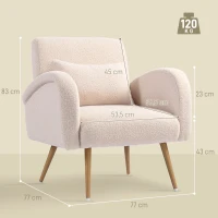 HOMCOM Fauteuil de salon en tissu Teddy, chaise rembourrée, assise large, coussin lombaire, pieds en métal effet bois, beige(m-3)