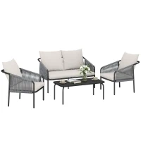 Outsunny Tuinmeubelset 4-delig polyrattan loungeset met tweezitsbank, 2 fauteuils, salontafel, afneembare kussens met banden(m-11)