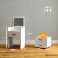 HOMCOM Coiffeuse avec miroir relevable et tabouret à roulettes, table de maquillage avec 2 tiroirs, coussin amovible, blanc(m-3)