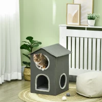 PawHut Cama para Gatos de 2 Niveles Cueva para Gatos con 3 Puertas y Cojines Lavables 42x46x59,5 cm Gris(m-10)