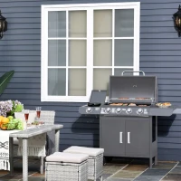 Outsunny 4+1 Burner Gas BBQ Grill, Outdoor Barbecue Trolley with Wheels, Warming Rack, Side Shelves, Cabinet, Thermometer for Garden, Party, Camping, 125L x 51W x 100Hcm, Grey(m-14)