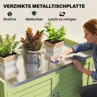 Outsunny Plantentafel met opbergkast van hout, buitenkast met verzinkt werkblad, 3 planken, 88x40x70,5 cm, groen(m-5)