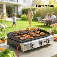 Outsunny Gasbarbecue 7,5 KW Draagbare Tafelbarbecue met 3 Branders Keramische Coating Grillrooster Warmhoudrek(m-9)