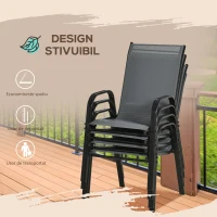 Outsunny Set de 4 Scaune de Grădină Stivuibile, Scaune de Exterior cu Cotiere din Metal și Țesătură Respirabilă, 54x75.5x95 cm, Gri(m-5)