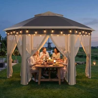 Outsunny Paviljoen 4x4 tuinpaviljoen zeshoekig opvouwbaar met draagtas dubbel dak beige+ kaki(m-12)