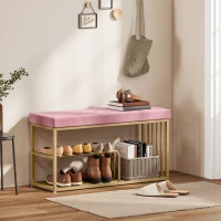 HOMCOM Bench and Shoe Storage, Tufted Shoe Storage Bench with Velvet Seat Cushion Gold Steel Frame for Entryway, Pink(m-10)