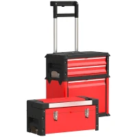 HOMCOM 3-traps Gereedschapskist Set met Wielen, In elkaar Grijpend, Staal, Plastic(m-10)