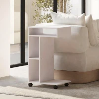 HOMCOM Table d'appoint en forme de C avec roulettes, avec 3 compartiments et 1 étagère ouverte, 40 x 30 x 69 cm, blanc(m-2)