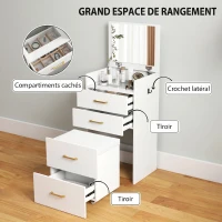 HOMCOM Coiffeuse avec miroir et tabouret 3 en 1, 3 tiroirs et plateau en verre visible, coussin rembourré, 48 x 40 x 90 cm, blanc(m-6)