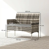 Outsunny 2-zits Rattan Tuinbank PE-Rattan Outdoor Terrasbank met Kussen, Anti-slip Matten, Stalen Frame, Lichtgrijs(m-3)