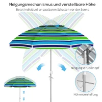 Outsunny Strandparasol Ø178 cm UV 40+ windbestendig stabiele parasol verstelbare hoogte met kantelfunctie ventilatie draagtas multicolor(m-5)