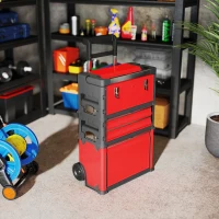 HOMCOM 3-traps Gereedschapskist Set met Wielen, In elkaar Grijpend, Staal, Plastic(m-8)